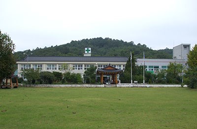 잔디밭과 병원 전경